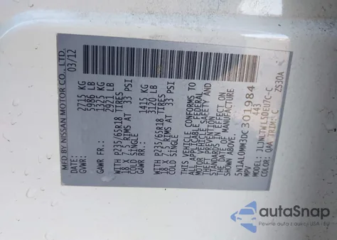 2013 Infiniti Jx35 z USA, uszkodzony, nr VIN 5N1AL0MM3DC301984